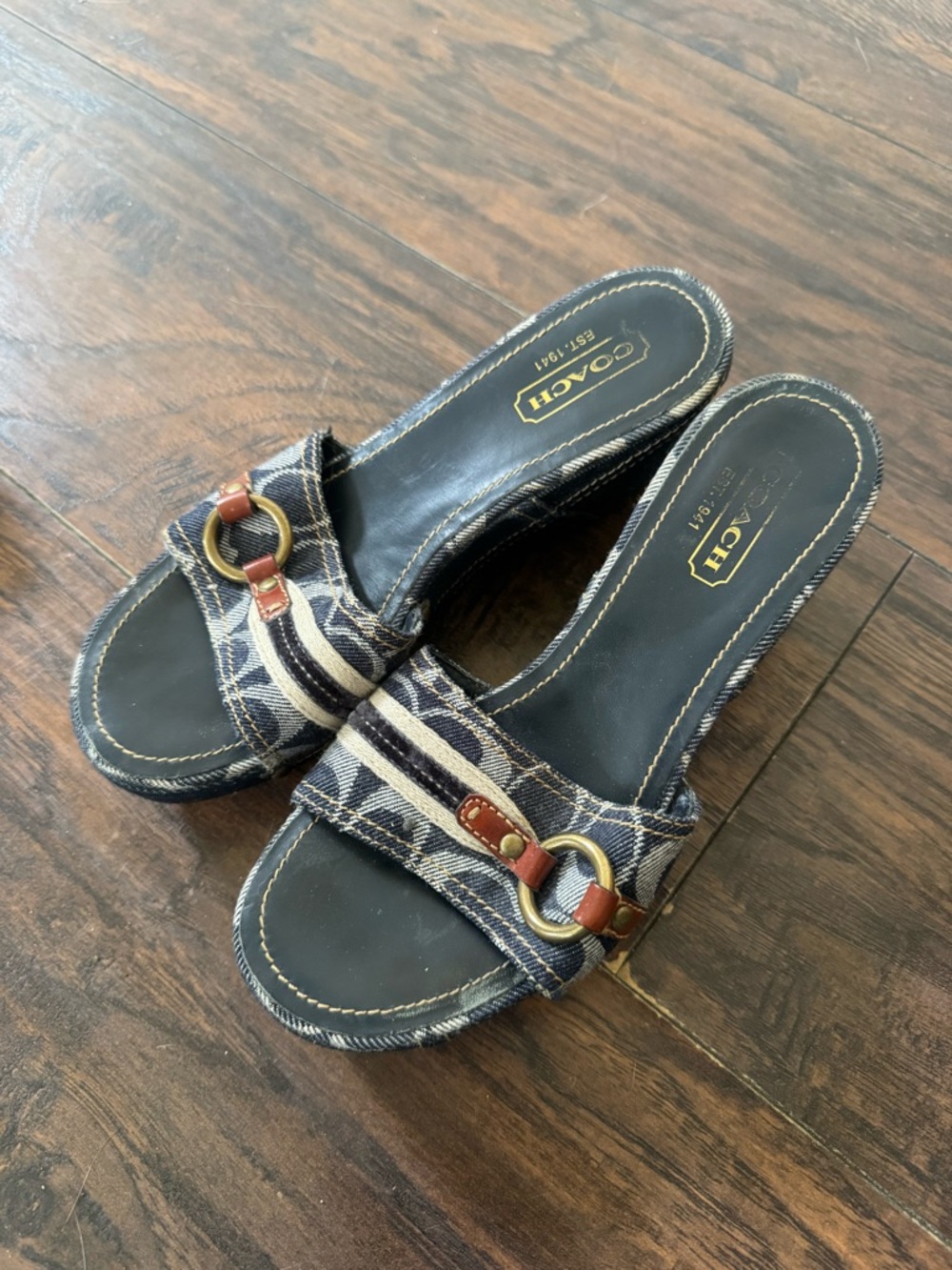 Coach Denim Logo Slide Sandals with Leather Trim
